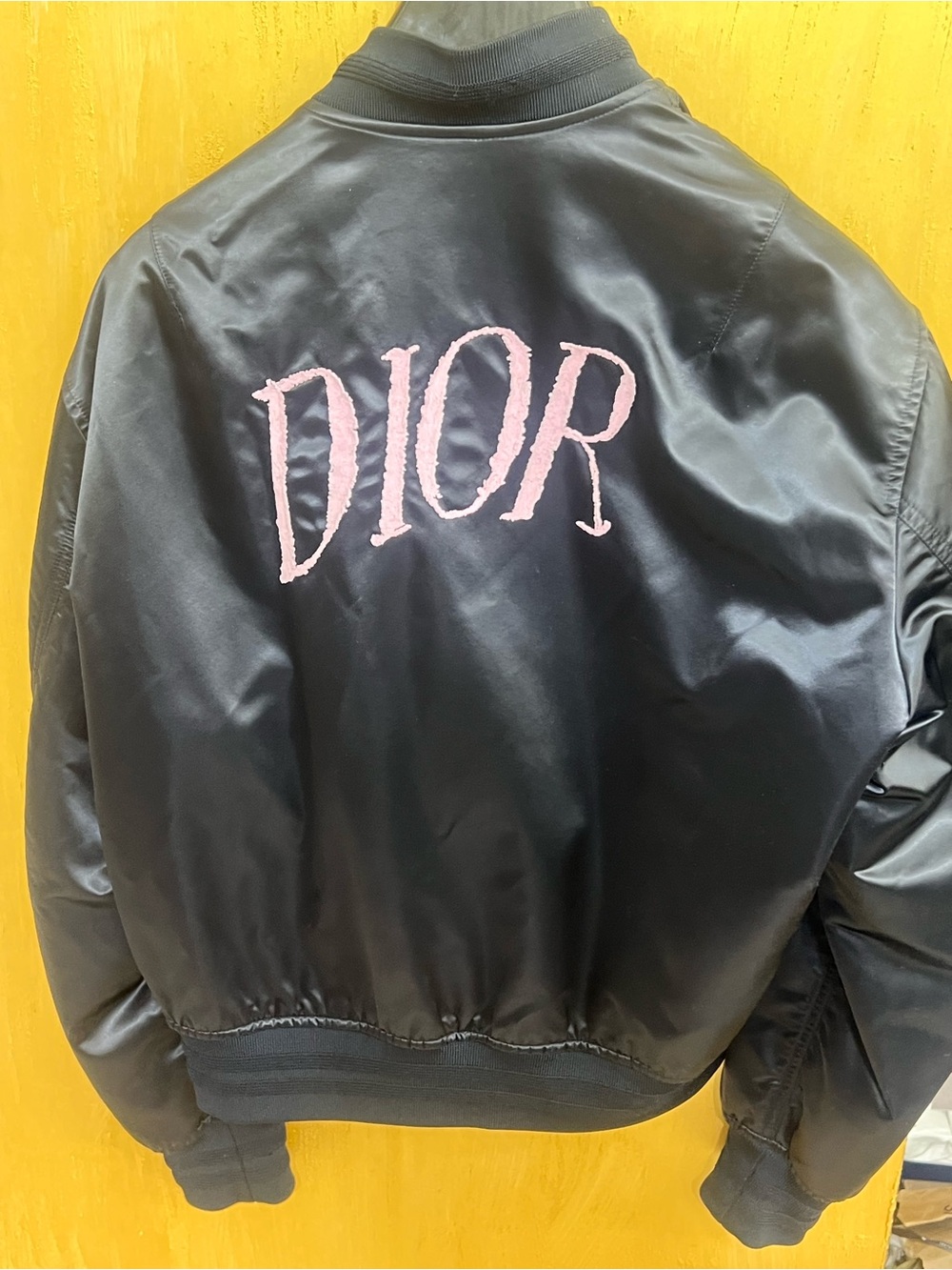 Dior X Alex Foxton Black Leather Jacket with Pink Embroidered Logo